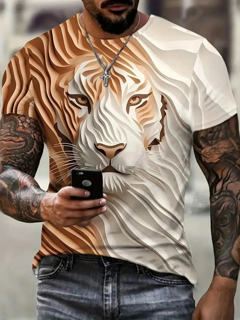 3D Plus Size Men's Lion Print T-shirt Summer Short Sleeve Crew Neck Tees Shirts For Men New In Animal Lion Graphic Tshirts Tops