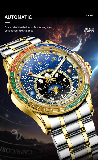 GLENAW Watches Original Design Diamond Constellation Rotating Dial Stainless Steel Luxury Men's Automatic Mechanical Watch P8719