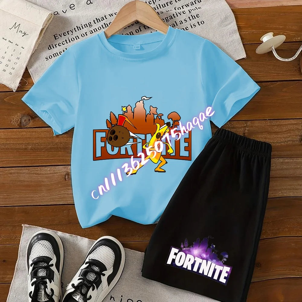 Fortnites Series T-shirt Shorts Suit for Children Hot Game Top and Pants Set Summer Cute Home Loungewear Outfit Birthday Gift