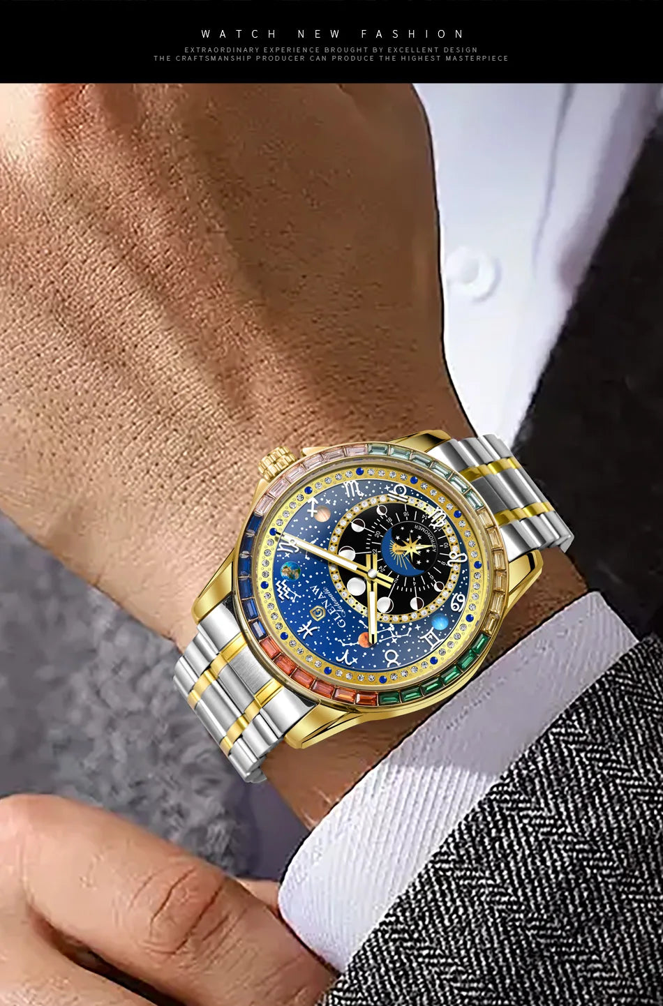 GLENAW Watches Original Design Diamond Constellation Rotating Dial Stainless Steel Luxury Men's Automatic Mechanical Watch P8719