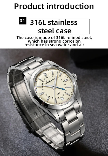 ADDIESDIVE 36mm Men's Analog Watch GMT 515-24H Watch BGW9 Luminous 100m Waterproof Stainless Steel Men's Quartz Watches AD2065