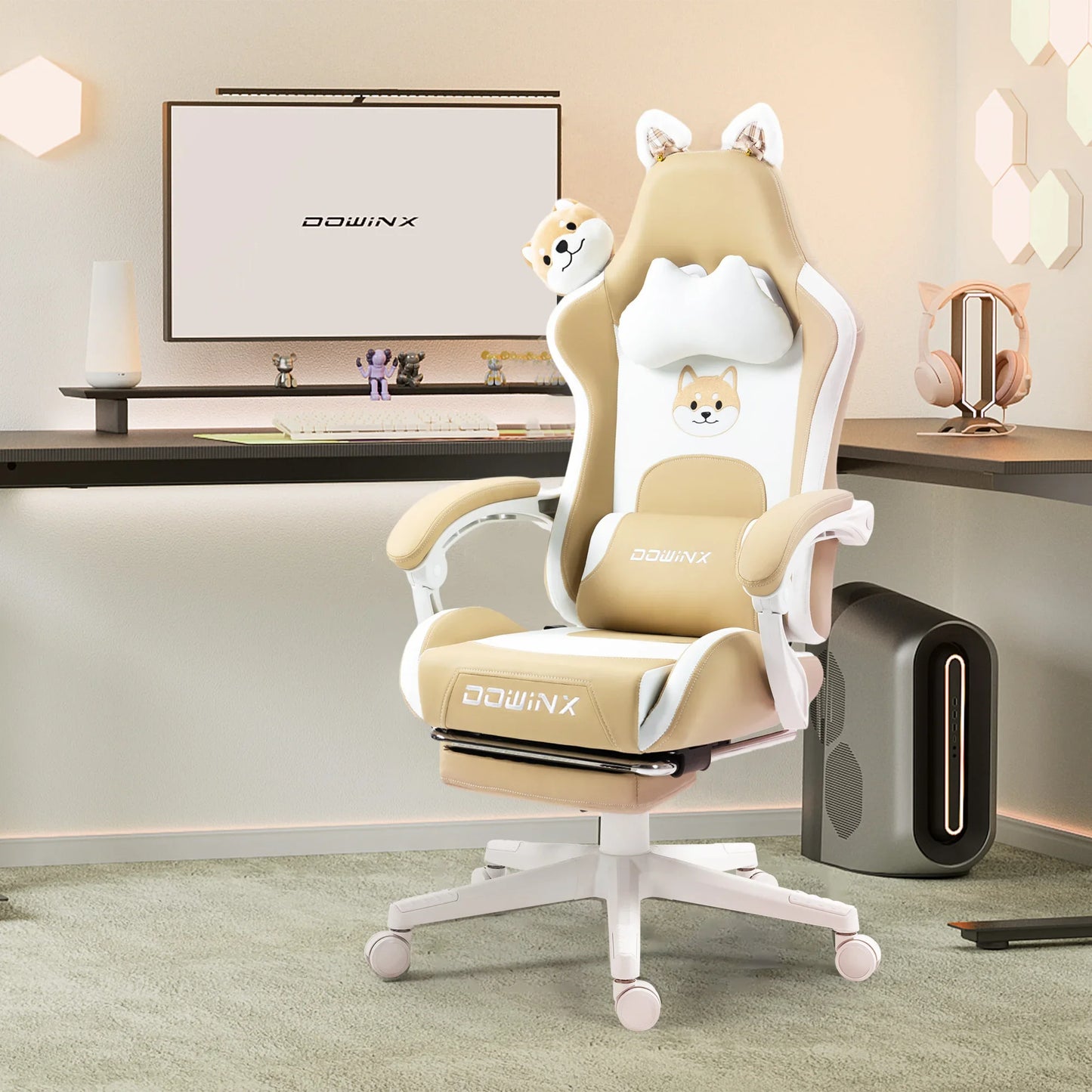 Сладък гейминг стол с котешки ушички и поставка за крака, розов Kawaii компютърен стол, ергономична геймърска седалка с висок гръб и лумбална опора с котешка лапичка
