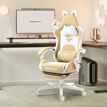 Сладък гейминг стол с котешки ушички и поставка за крака, розов Kawaii компютърен стол, ергономична геймърска седалка с висок гръб и лумбална опора с котешка лапичка