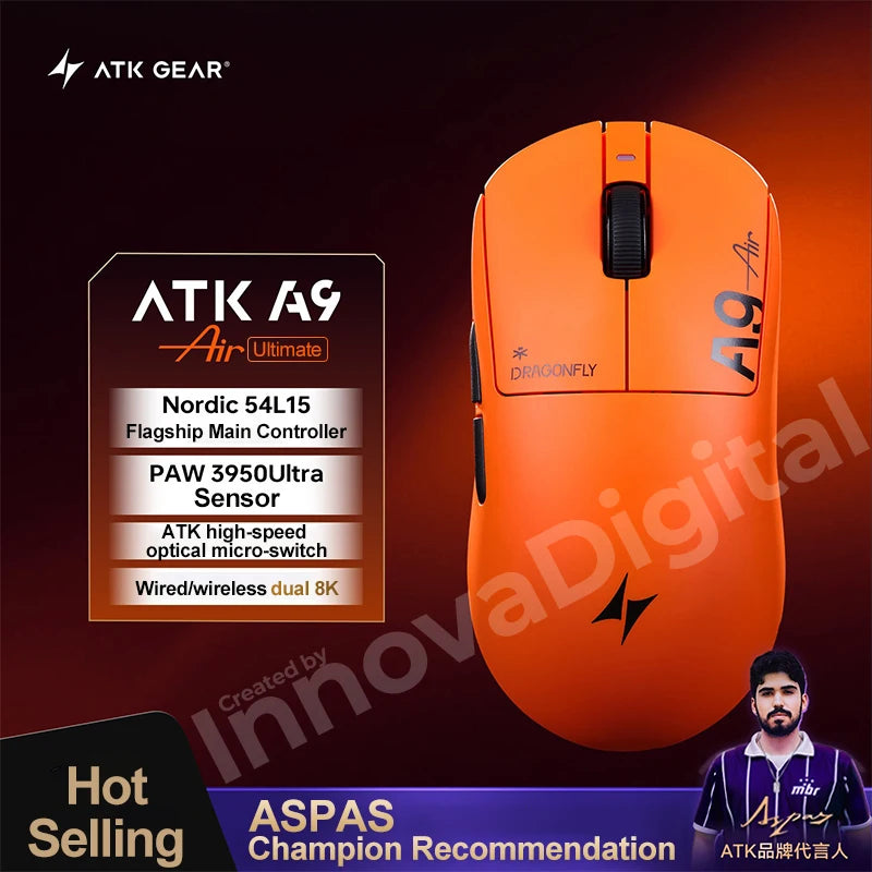 Mouse da gaming wireless ATK Dragonfly A9 Ultimate A9 Air PAW3950 ultraleggero ergonomico per e-sport FPS Gamer CSGO A9 Ultra