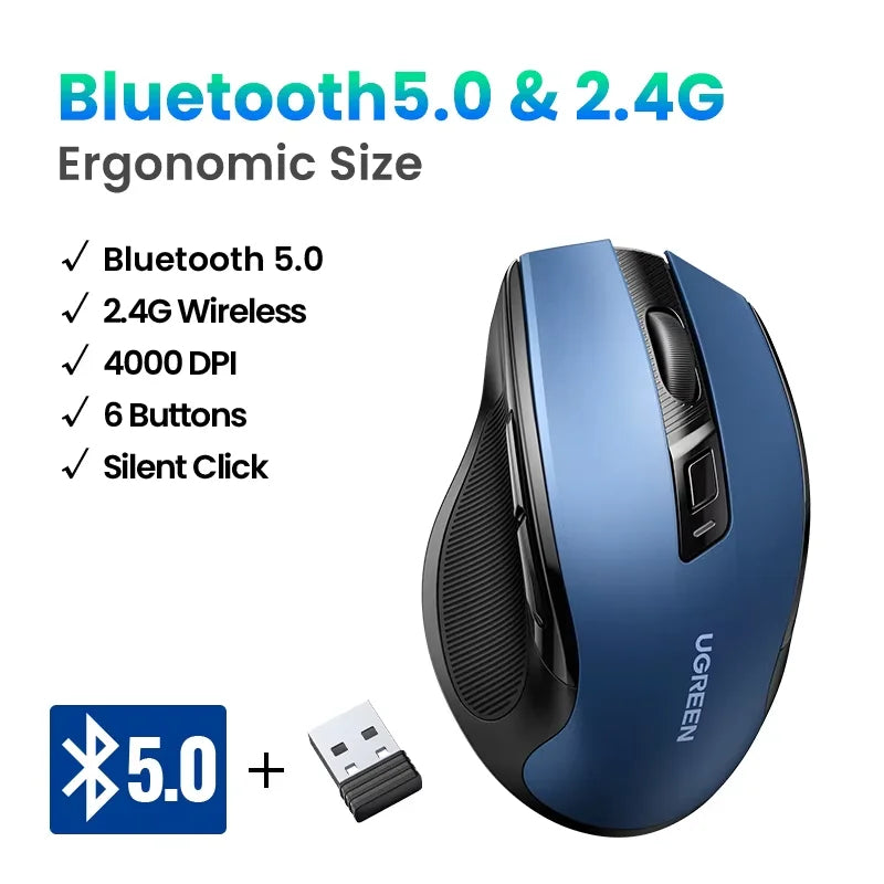 Mouse wireless UGREEN Bluetooth 5.0 ergonomico 4000DPI con 6 pulsanti silenziosi per MacBook, tablet, laptop, computer e PC, mouse 2.4G
