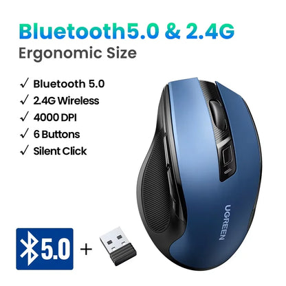 UGREEN belaidė pelė Bluetooth5.0, ergonomiška 4000DPI pelė su 6 tyliais mygtukais, skirta MacBook, planšetėms, nešiojamiesiems kompiuteriams, kompiuteriams ir PC, 2.4G pelė