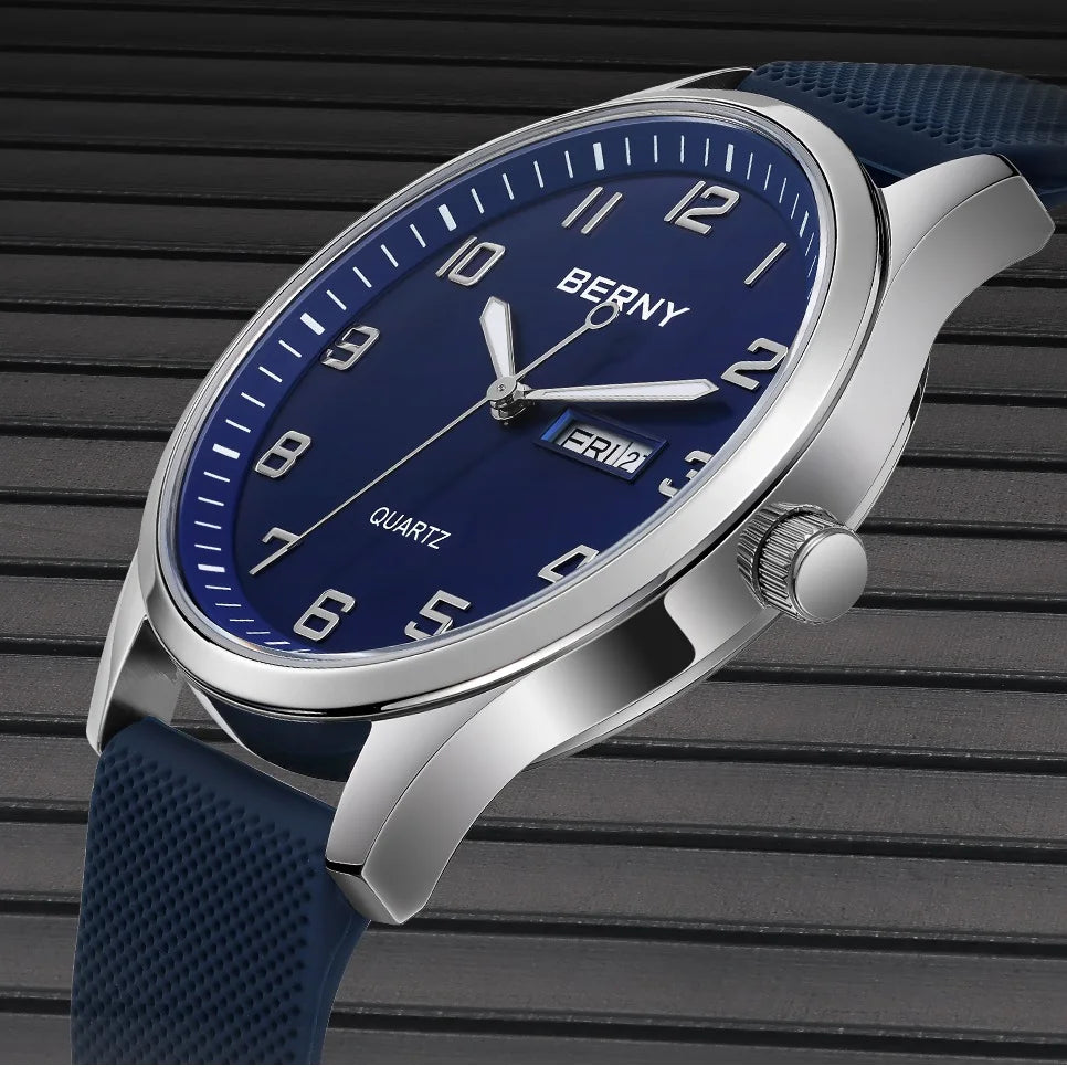 BERNY Men's Watches Luminous Calendar Week Quartz Men Watch Casual Soft Silicone Strap Easy Read Big Dial Sports Wristwatch