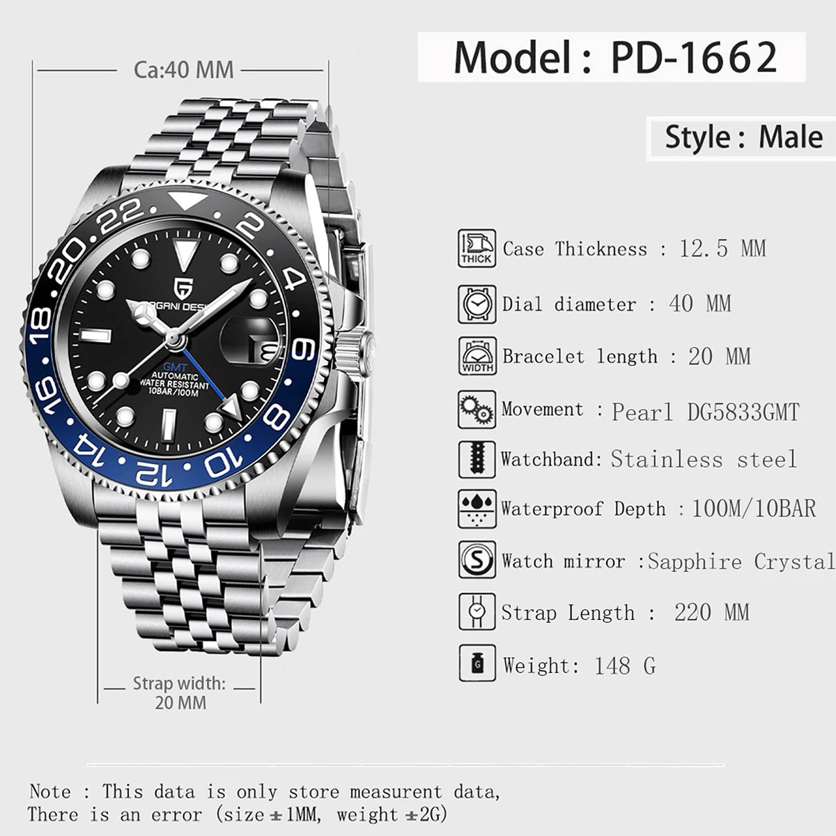 PAGANI DESIGN 40MM GMT Herrenuhr, luxuriöse mechanische Automatikuhr mit Saphirglas AR, Keramiklünette, 100M wasserdicht, Geschenk-Uhr