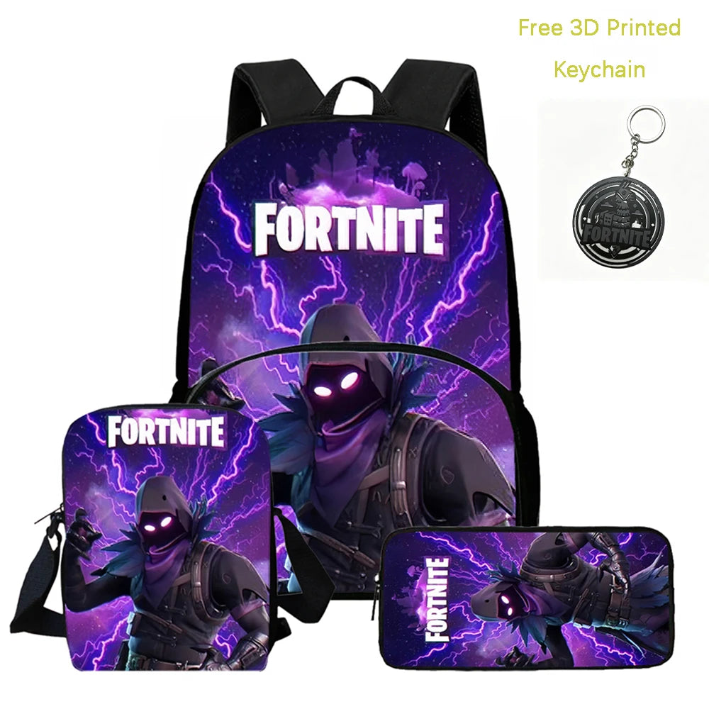 FORTNITE 3-Piece Lightweight Backpack Set with Front Pocket, Crossbody Bag & Pencil Case for Ages 5-9 Boys and Girls, Includes Free 3D Printed Keychain