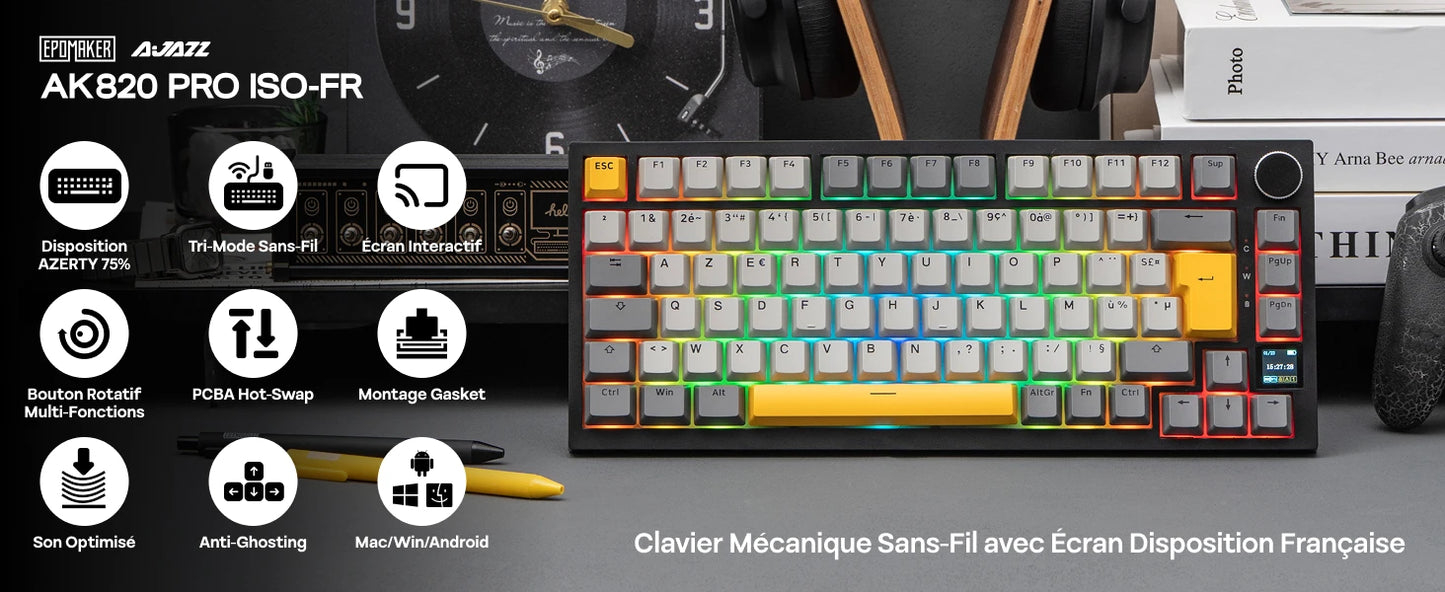 ISO-FR-Layout EPOMAKER X AJAZZ AK820 PRO 75% AZERTY Französisch Hot-Swap kabelgebundene/BT/2.4GHz kabellose mechanische Tastatur für Win/Mac/PC