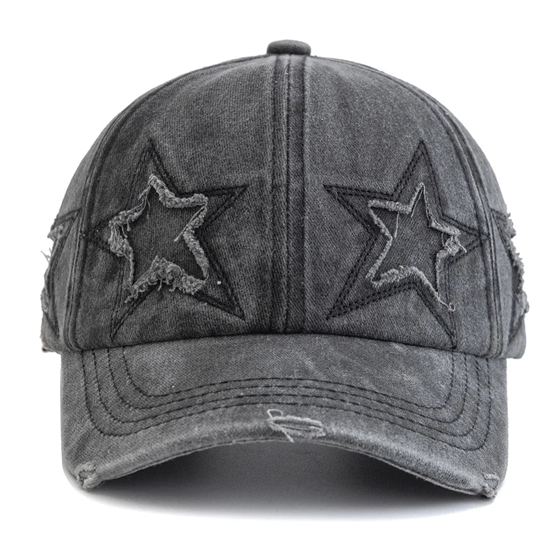 Damska czapka baseballowa z wyblakłą bawełną i motywem pięcioramiennej gwiazdy – modna czapka typu „dad hat” w stylu ulicznym
