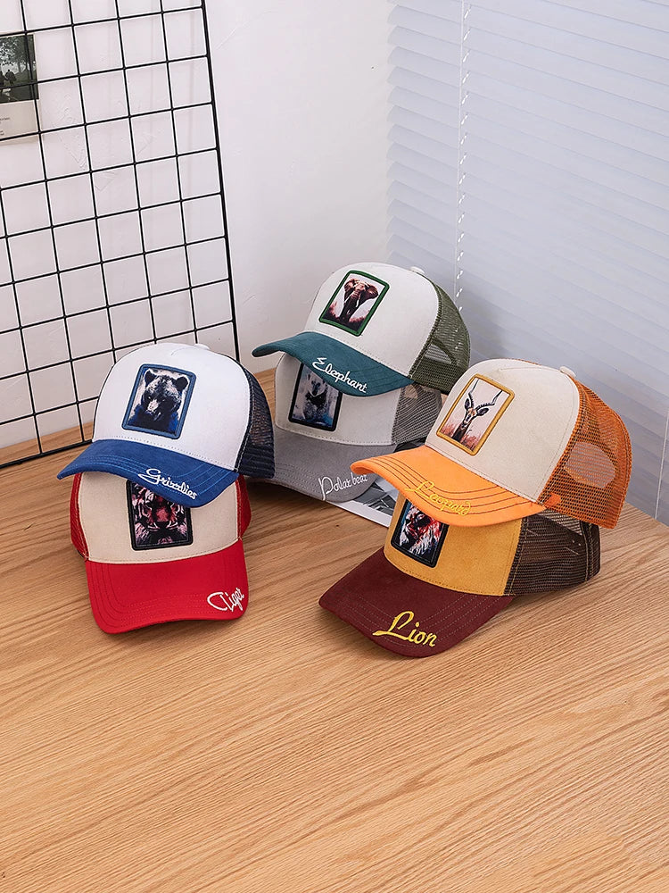 Unisex Mesh Cap Lion Pattern Patch Design Suede Hat Women And Men Summer Animal Baseball Cap Fashion Trucker Hat