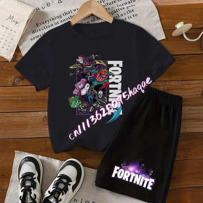 Summer FortnitesT-shirt Shorts for Boys Girl Tee Pants Set 2pcs Children Clothing Tops T-shirts Fortress Night Print Tees Gift