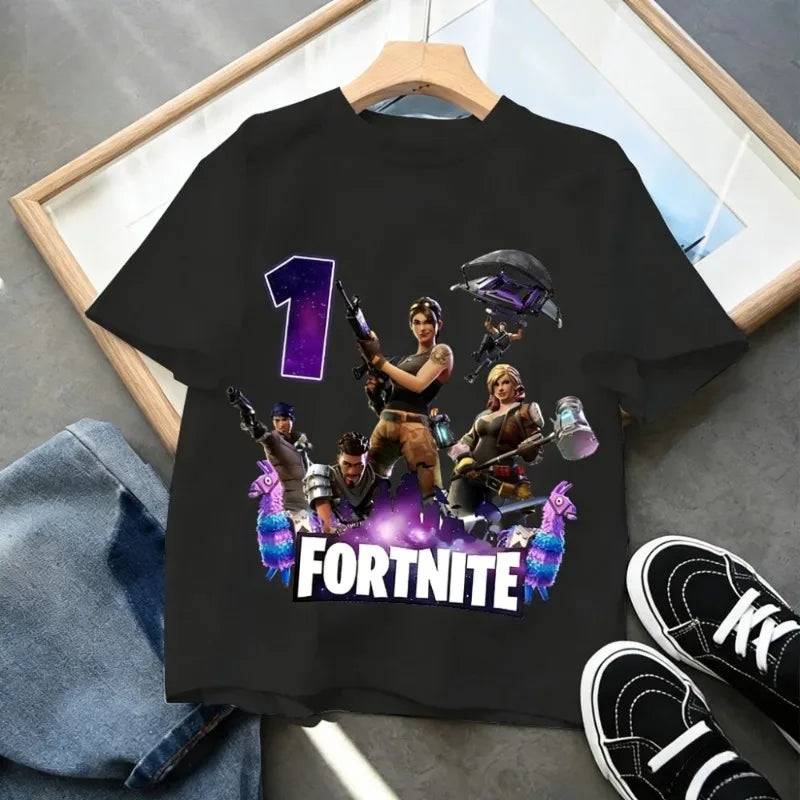 Dziecięca koszulka urodzinowa Fortnites z numerem dla dziewczynek i chłopców, letnia bawełniana koszulka dla niemowląt, imprezowy top z krótkim rękawem, prezent dla malucha