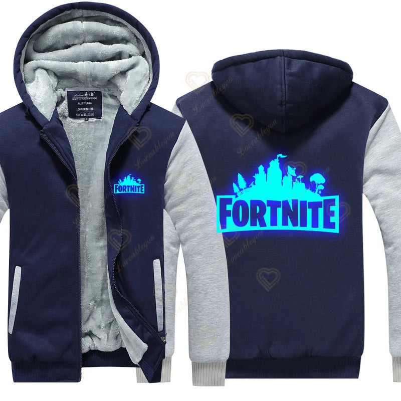 Hanorace luminescente „Winter Warm Fortnite” pentru bărbați și femei, hanorace de joc și cosplay, din fleece gros, cu fermoar, jachete și paltoane pentru cupluri