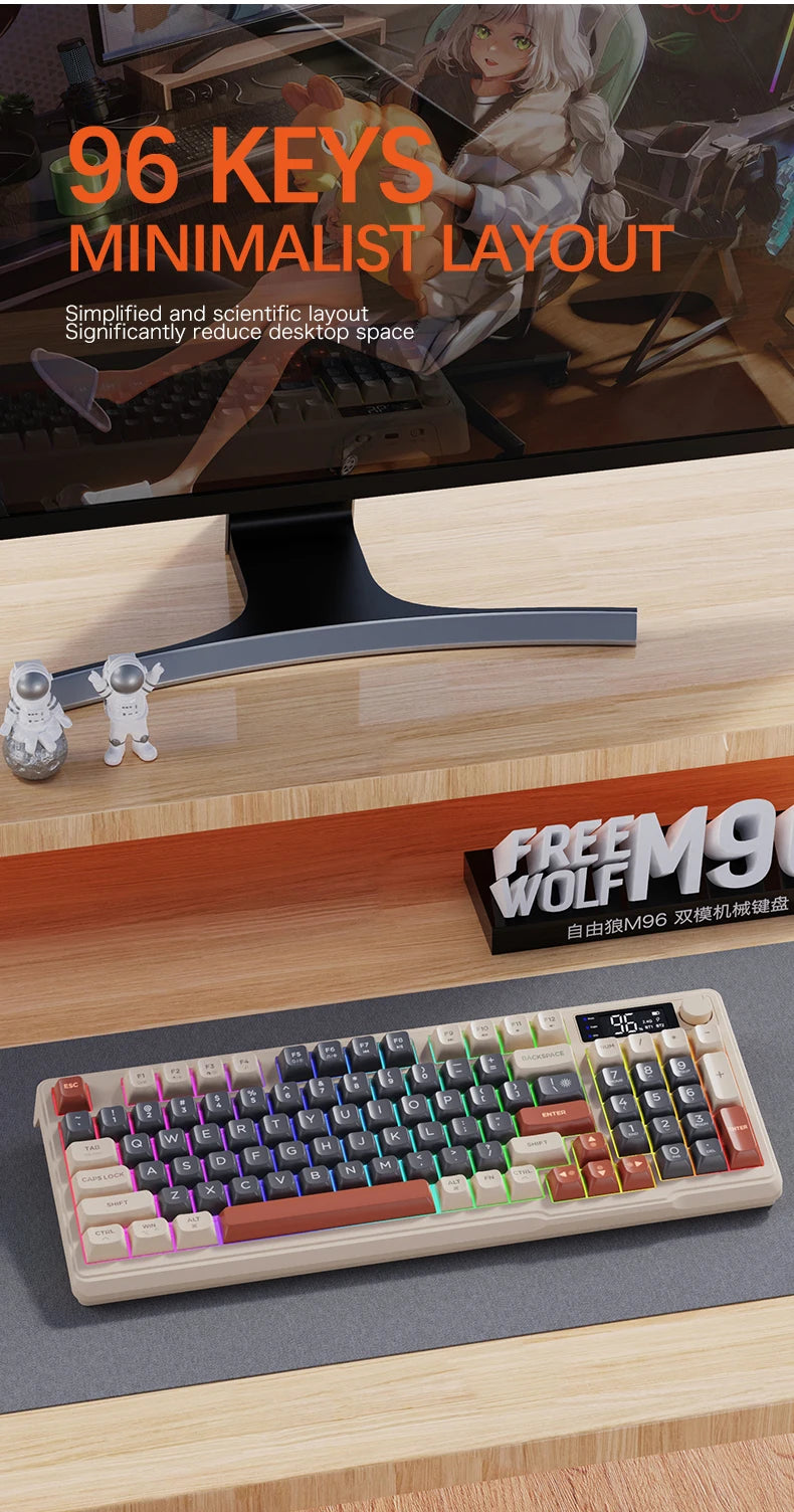 M96 Bluetooth-Tastatur Kabellose FREEWOLF Bildschirm-Gaming-Tastatur, elektronischer Bildschirm, Multi-Device-Verbindung, ergonomisches Gaming