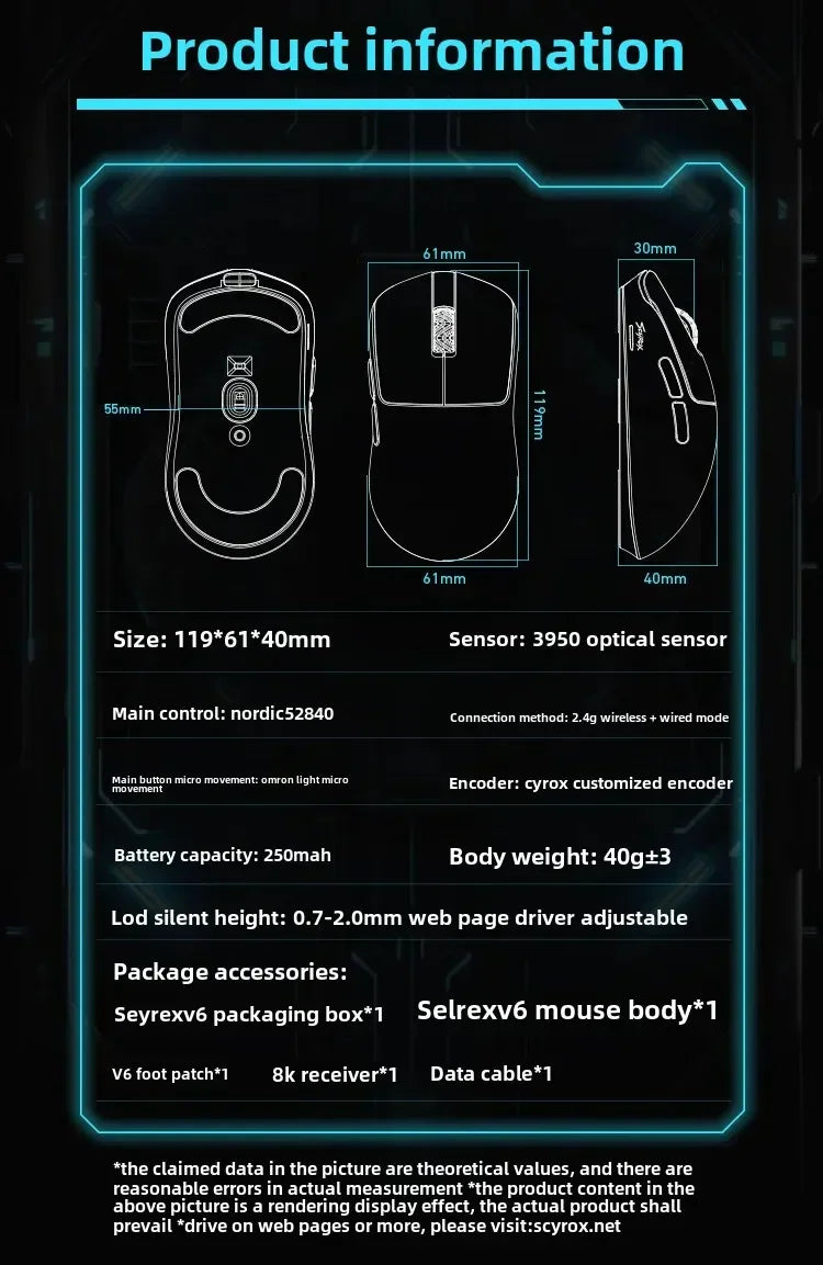 SCYROX V6 non-porous wireless mouse esports 40g 750IPS with 8k receiver fast response 3950 high quality 8KHz  gaming mouse