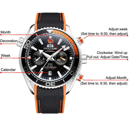 PAULAREIS P Relógio mecânico automático de luxo para homem com corda automática, bracelete em borracha, impermeável, luminoso, com data, relógio de moda masculino