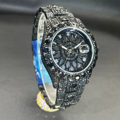 MISSFOX Fashion lced Out Silver Mens Watch Luxury Calendar Waterproof Watch For Man Hip Hop High Quality Big Diamond Wristwatch