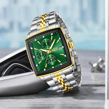 LIGE luxe herenhorloges, vierkant model, klassieke en trendy stijl, van roestvrij staal, waterdicht, sportief en casual, met quartz uurwerk.