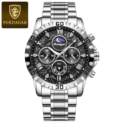 Vyriškas laikrodis „POEDAGAR“ – prabangus, atsparus vandeniui ir švytintis chronografas, pagamintas iš nerūdijančio plieno, sportinio ir karinio stiliaus, su kvarciniu mechanizmu