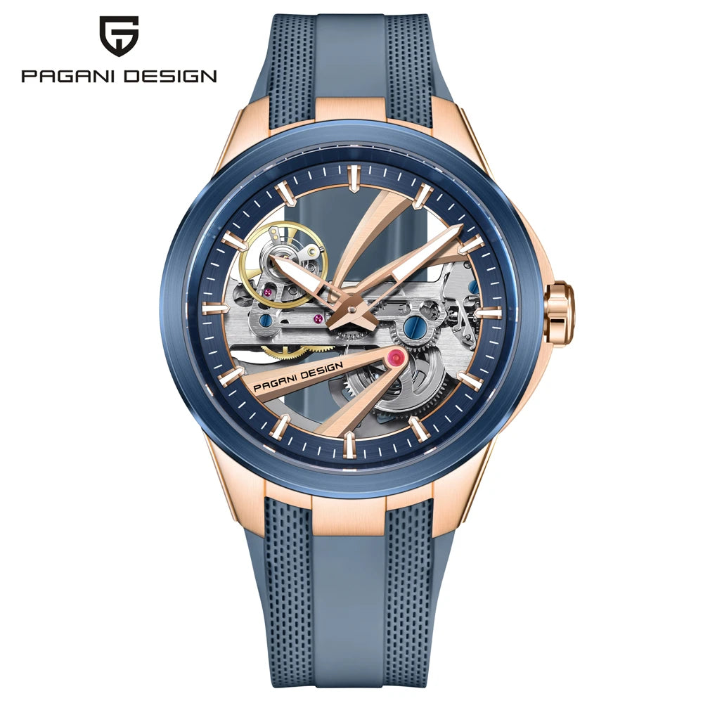 Herrenuhr von PAGANI DESIGN – Mechanisches Luxusuhrwerk mit Automatikaufzug, „Skelett“-Ausführung (mit offenem Herz), ausgestattet mit einem Tourbillon, Saphirglas mit Antireflexbeschichtung, wasserdicht und leuchtend.