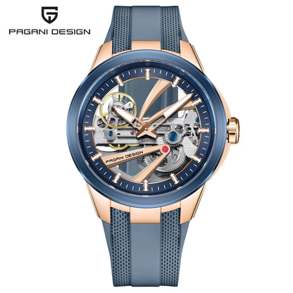 Herrenuhr von PAGANI DESIGN – Mechanisches Luxusuhrwerk mit Automatikaufzug, „Skelett“-Ausführung (mit offenem Herz), ausgestattet mit einem Tourbillon, Saphirglas mit Antireflexbeschichtung, wasserdicht und leuchtend.