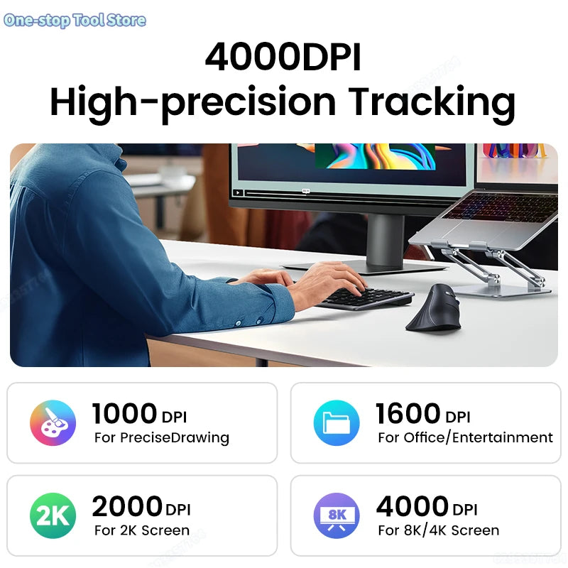 Langaton Bluetooth 5.0 2.4G -hiiri, ergonominen, 4000DPI, 6 hiljaista painiketta, MacBookille, tableteille, kannettaville tietokoneille ja PC:lle