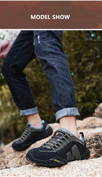 Sapatos de montanhismo para homem em couro genuíno, calçado desportivo outdoor antiderrapante, sapatos de montanhismo e caminhada respiráveis para turismo