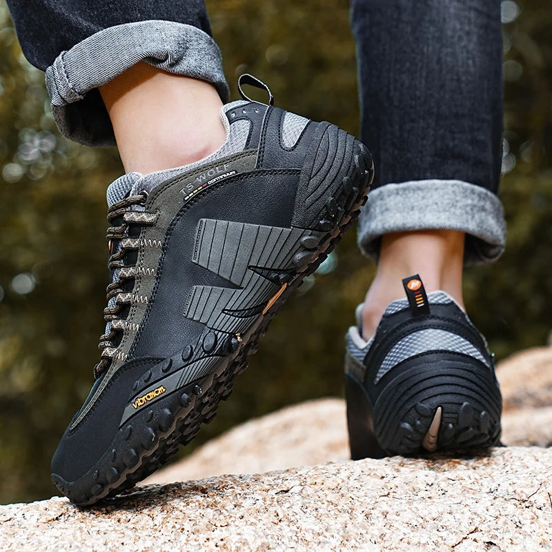 Sapatos de montanhismo para homem em couro genuíno, calçado desportivo outdoor antiderrapante, sapatos de montanhismo e caminhada respiráveis para turismo