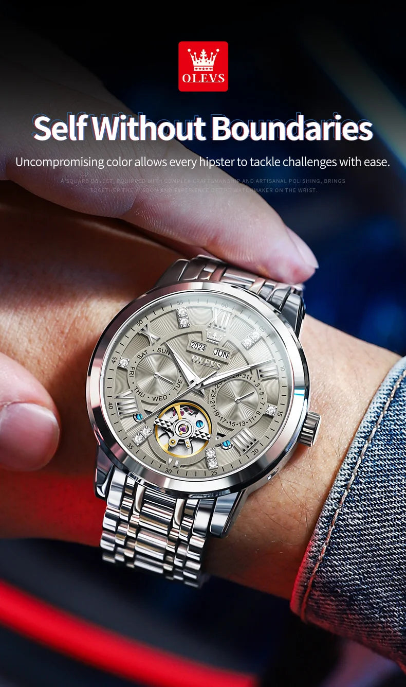 OLEVS 6701 Men's Watch Luxury Waterproof Auto Date Mechanical Watch For Men Hollow Skeleton Diamond Wristwatch Luminous Clock