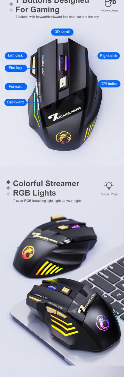 Belaidė Bluetooth pelė, įkraunama kompiuterinė pelė žaidėjams, ergonominė gaming pelė su RGB apšvietimu, tyli pelė PC kompiuteriui