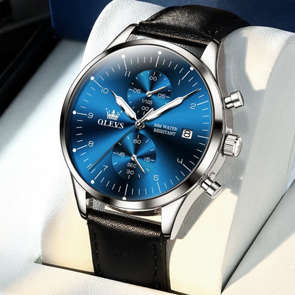 OLEVS 2880 muški sat – elegantan i profinjen kronograf, kožni remen, automatski prikaz datuma, vodootporan, luminescentne kazaljke, kvarcni mehanizam.