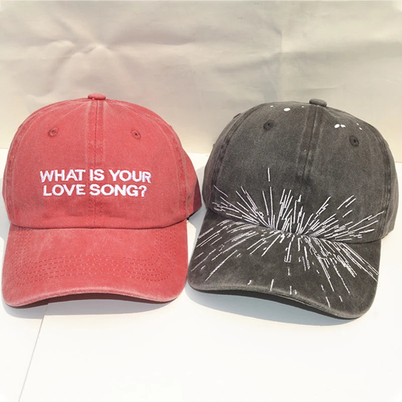 Kpop "What Is Your Love Song" Same Knitted Embroidery Caps,Tour Concert Cap Outdoor Retro Washed Baseball Caps for Women Men