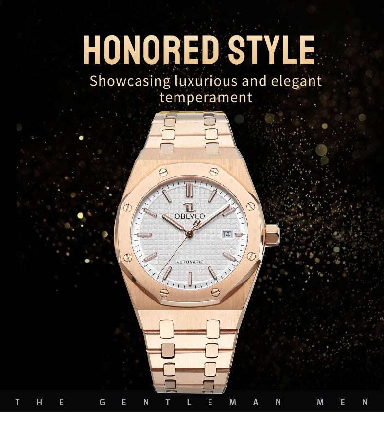 OBLVLO TM-ASP Luxury Men's Watch 41mm Blue Dial Rose Gold Automatic Luminous Waterproof Mechanical Casual Business Watch