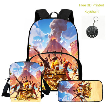 FORTNITE 3-Piece Lightweight Backpack Set with Front Pocket, Crossbody Bag & Pencil Case for Ages 5-9 Boys and Girls, Includes Free 3D Printed Keychain