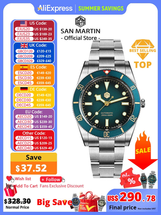 San Martin New Upgraded 37mm BB54 Vintage Men Diver Watch ST2130 Automatic Mechanical Sapphire Luminous Waterproof 200m SN0138