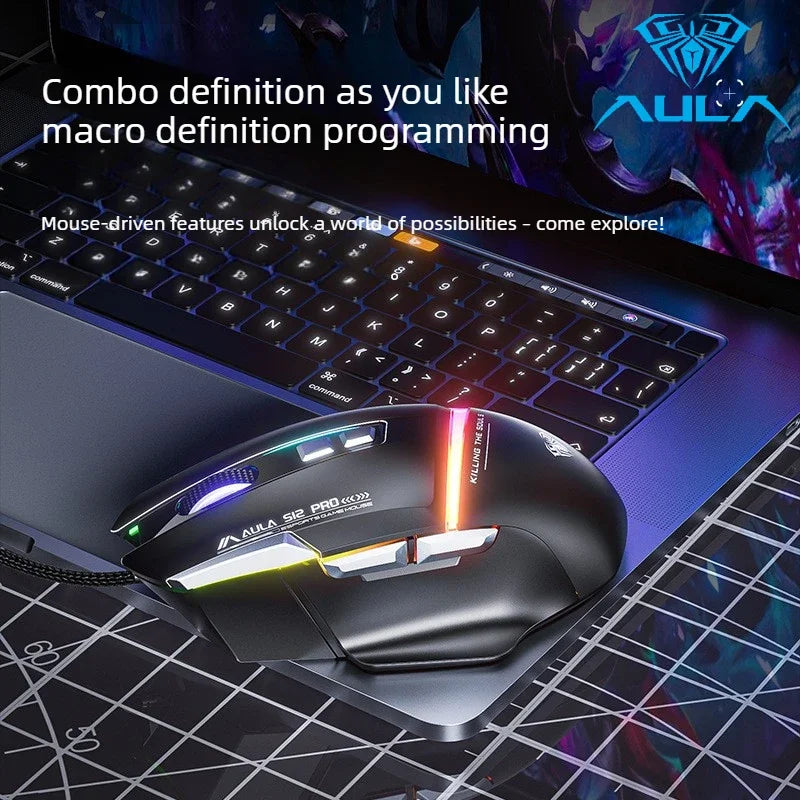 Hot Sale AULA S12 Pro Wired Gaming Mouse 12800 DPI RGB Backlit 8 Programmable Buttons Ergonomic Game Mouse for PC Laptop