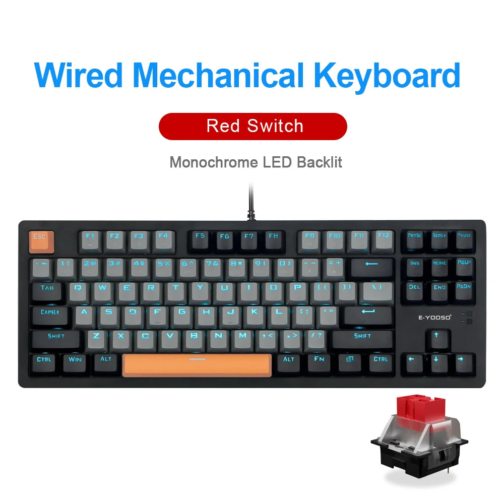 E-YOOSO K620 USB Mechanical Gaming Keyboard Wired Blue Red Switch Monochrome LED Backlit 87 Key for Computer Laptop PC