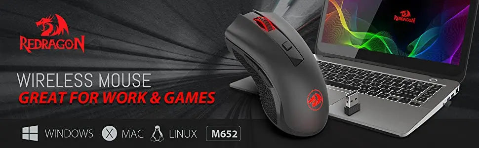 Redragon M652 оптична безжична мишка 2.4G с USB приемник, преносима мишка за гейминг и офис, 5 регулируеми нива на DPI