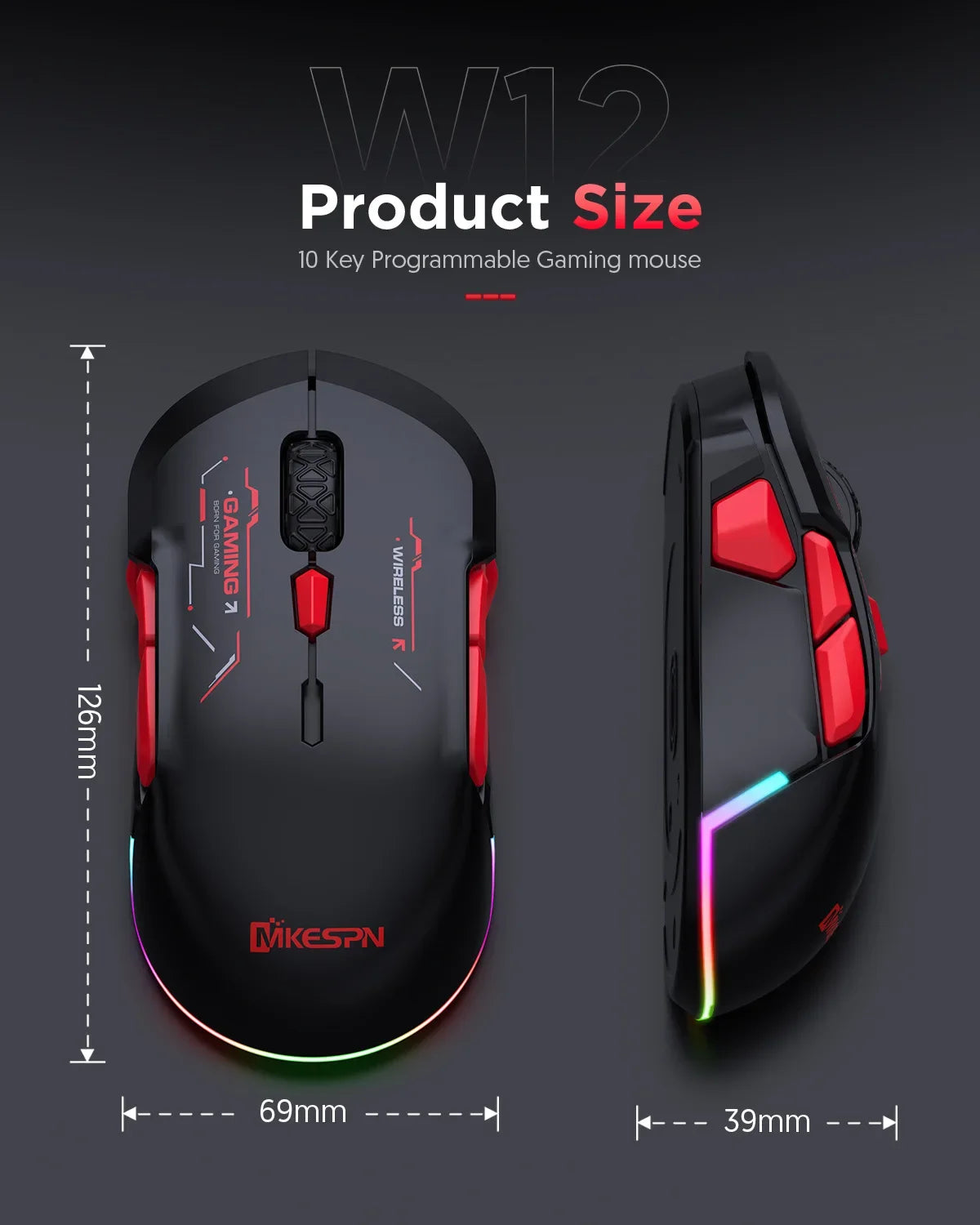 MKESPN W12 10-Tasten-Makro-Gaming-Maus, beidhändig, kabellos, Bluetooth, Mehrkanal, Tri-Mode, großes RGB, ergonomisch, beidhändig