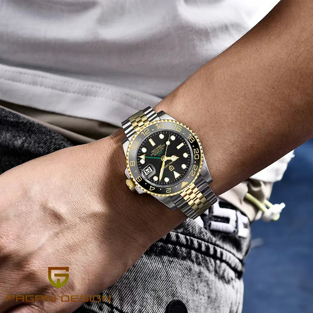 Orologio meccanico da uomo Pagani Design GMT – Modello di lusso con vetro zaffiro, cassa in acciaio inossidabile e lunetta in ceramica – Orologio automatico da uomo, stile professionale