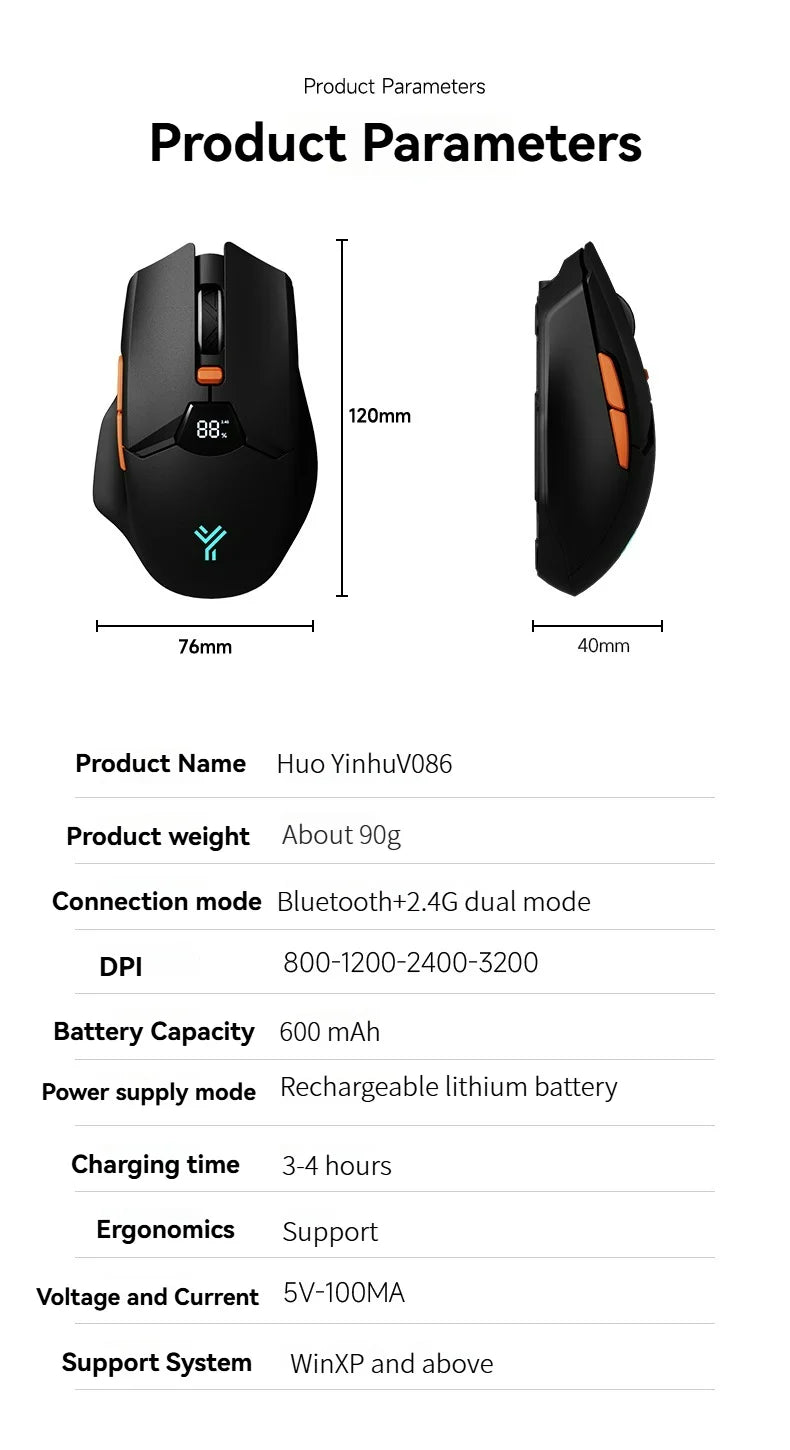 2.4G Bluetooth vezeték nélküli egér kijelzővel, 600mAh nagy kapacitású akkumulátorral, halk gombokkal játékhoz és irodai használatra