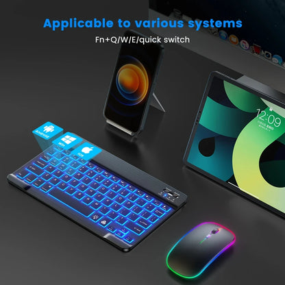 Mini-RGB-Tastatur mit Hintergrundbeleuchtung, 10 Zoll, Bluetooth, kabellose Maus, wiederaufladbar, für Spanisch, Russisch, Hebräisch, Koreanisch, Französisch, Arabisch, Portugal