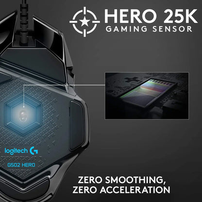 Logitech G502 HERO nagy teljesítményű vezetékes gamer egér HERO 25K érzékelővel, 25,600 DPI, RGB, állítható súlyok, 11 gomb, PC/Mac egér