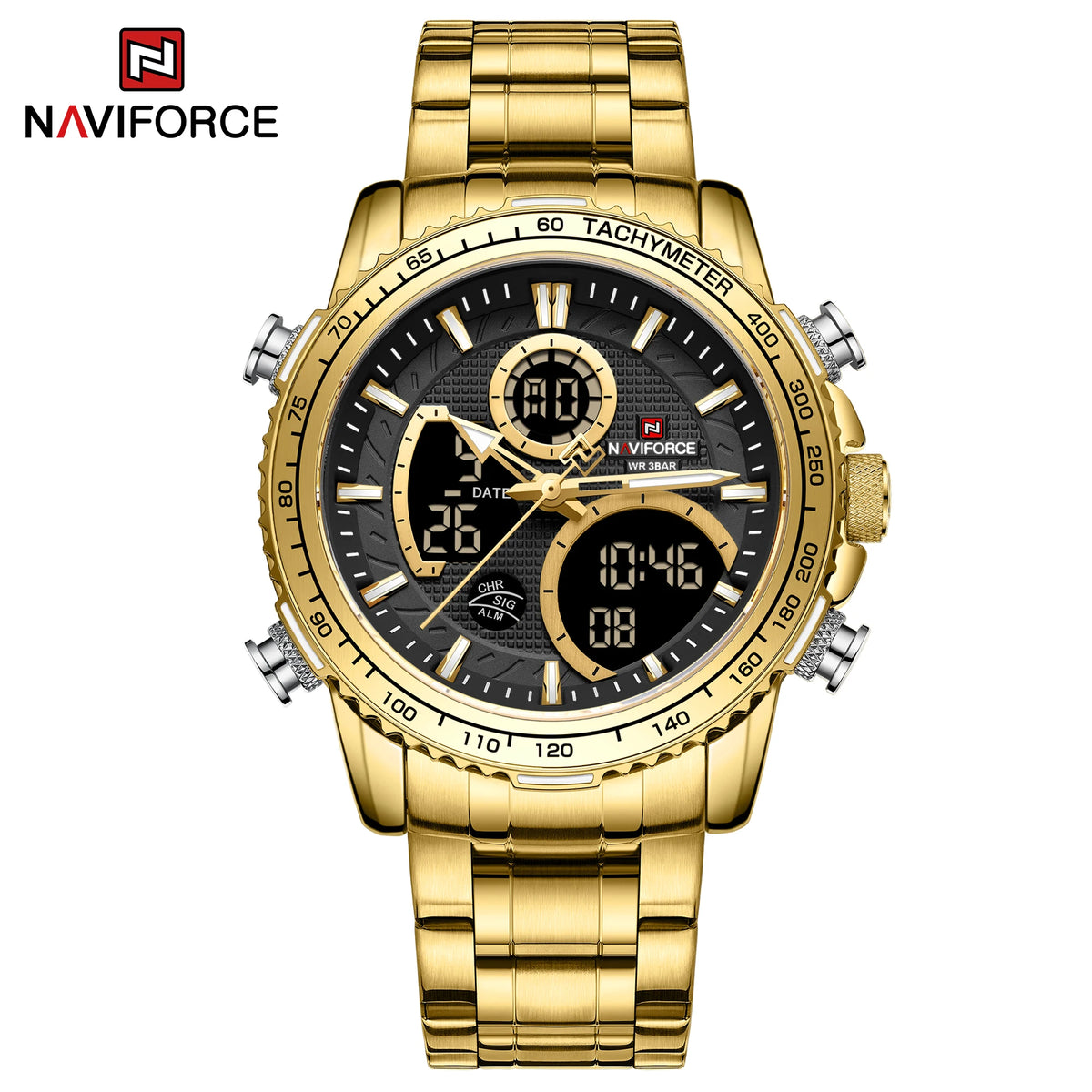 NAVIFORCE Herren-Sportuhr – Originelle Luxus-Armbanduhr aus Edelstahl, wasserdichtes Militärmodell mit doppelter Anzeige