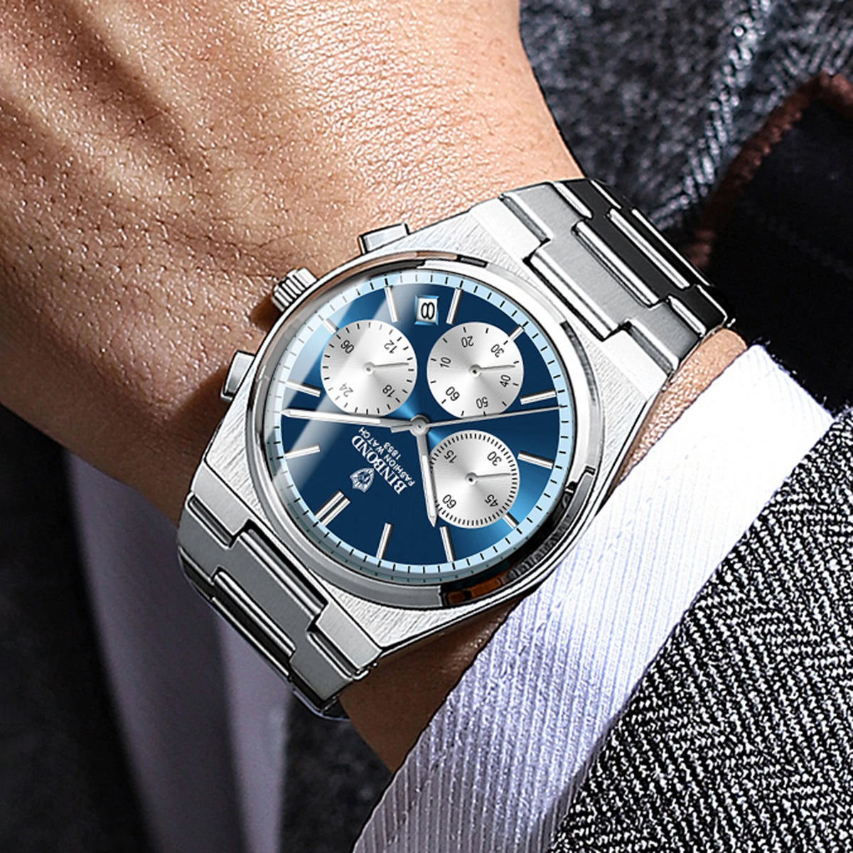 BINBOND Accurate Quartz Men’s Watch – Robust, Automatic Date, Chronograph, Luminous, Water-Resistant, Luxury Casual Men’s Watch – Reloj