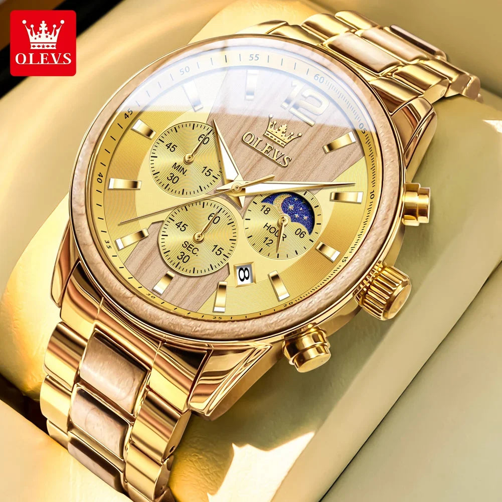 OLEVS 3645 Herrenuhr aus Holz, luxuriös, mit Nachtbeleuchtung, multifunktionalem Chronographen, Quarzwerk, Retro-Stil, trendige Sportuhr.