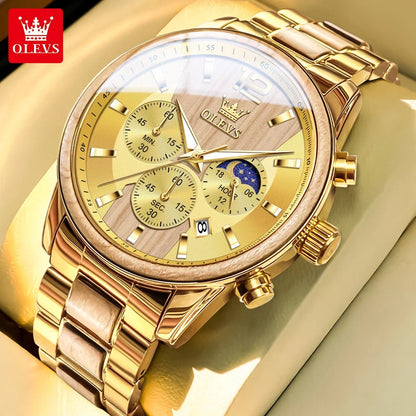 OLEVS 3645 Herrenuhr aus Holz, luxuriös, mit Nachtbeleuchtung, multifunktionalem Chronographen, Quarzwerk, Retro-Stil, trendige Sportuhr.