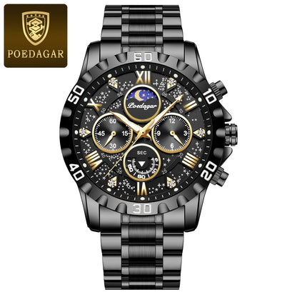 Vyriškas laikrodis „POEDAGAR“ – prabangus, atsparus vandeniui ir švytintis chronografas, pagamintas iš nerūdijančio plieno, sportinio ir karinio stiliaus, su kvarciniu mechanizmu